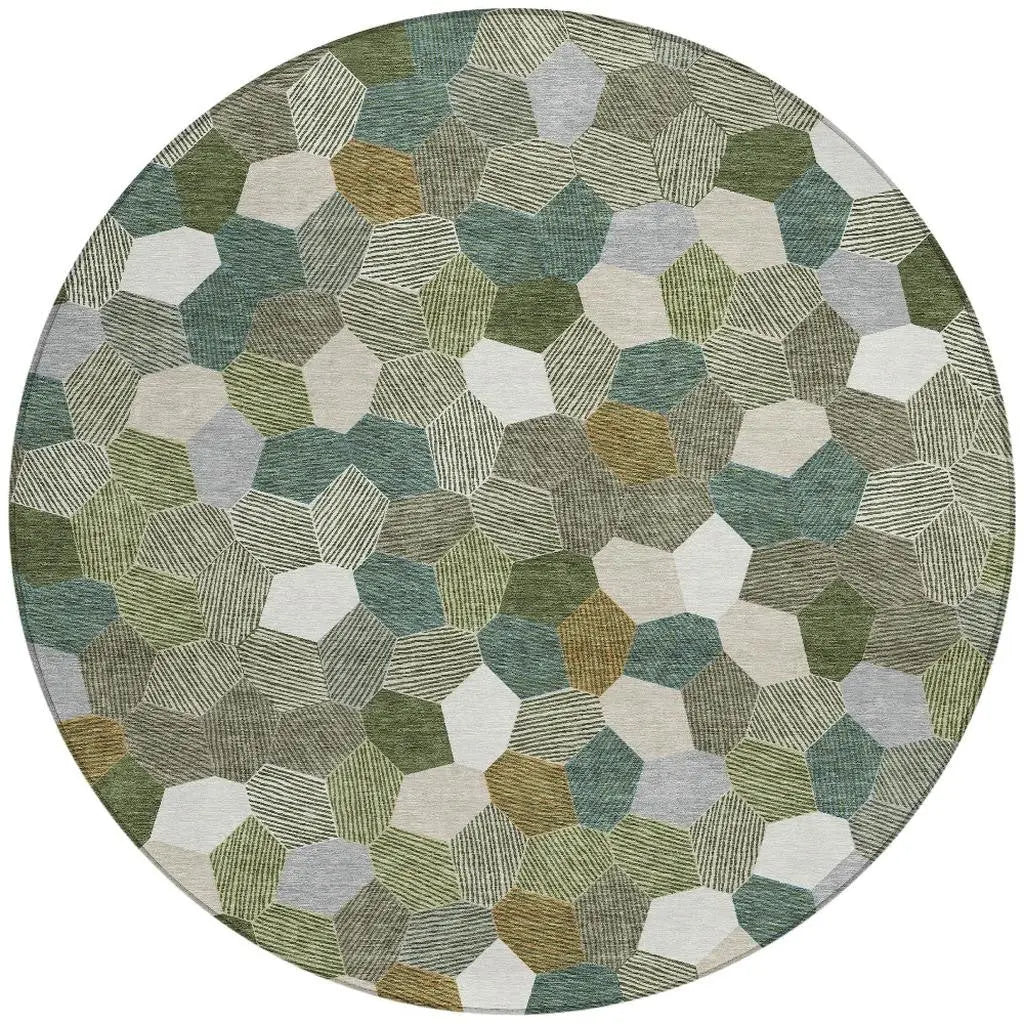 8' Olive Green And Green Round Geometric Washable Indoor Outdoor Area Rug Homeroots Outdoor