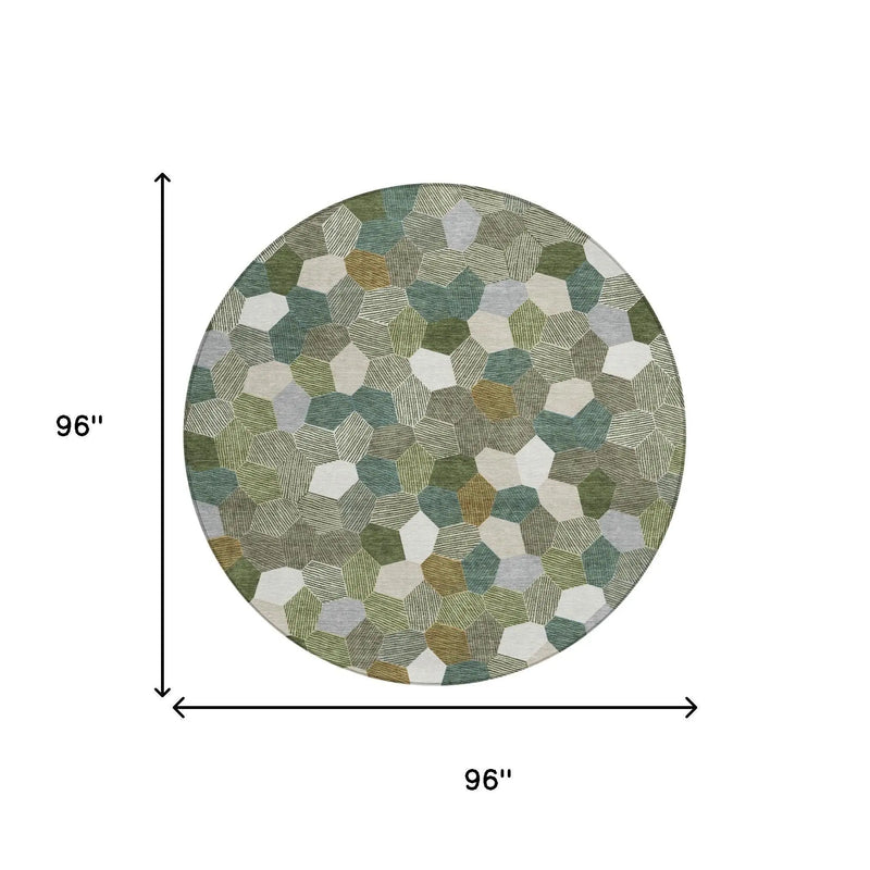 8' Olive Green And Green Round Geometric Washable Indoor Outdoor Area Rug Homeroots Outdoor