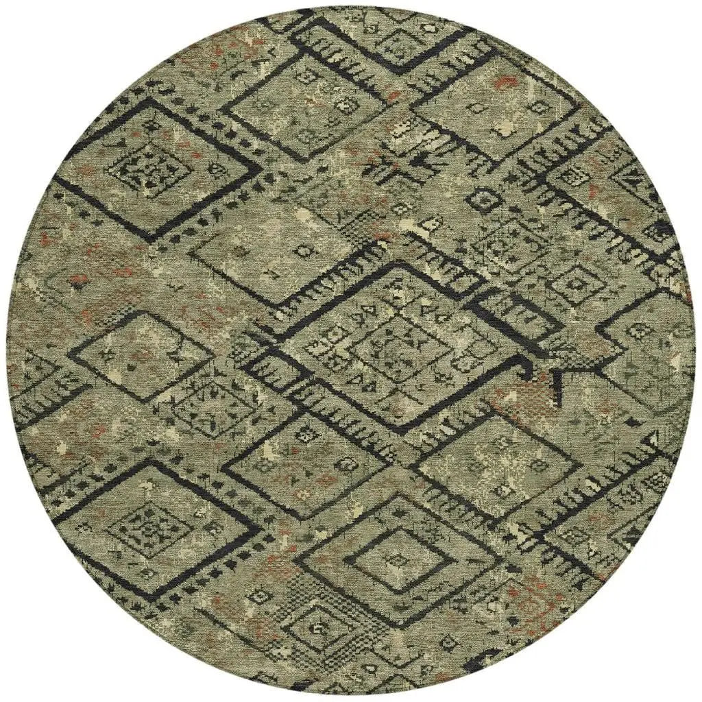 8' Olive Green And Green Round Geometric Washable Indoor Outdoor Area Rug Homeroots Outdoor