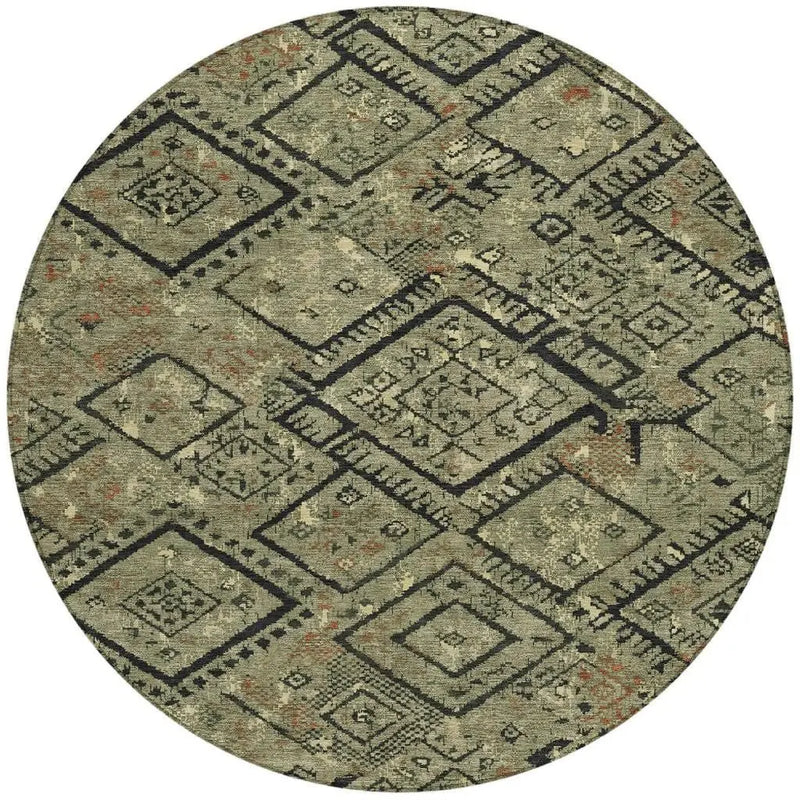 8' Olive Green And Green Round Geometric Washable Indoor Outdoor Area Rug Homeroots Outdoor