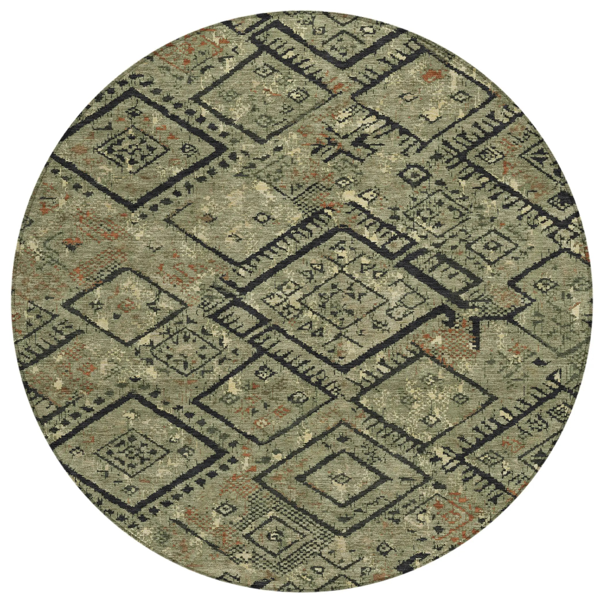 8' Olive Green And Green Round Geometric Washable Indoor Outdoor Area Rug Homeroots Outdoor