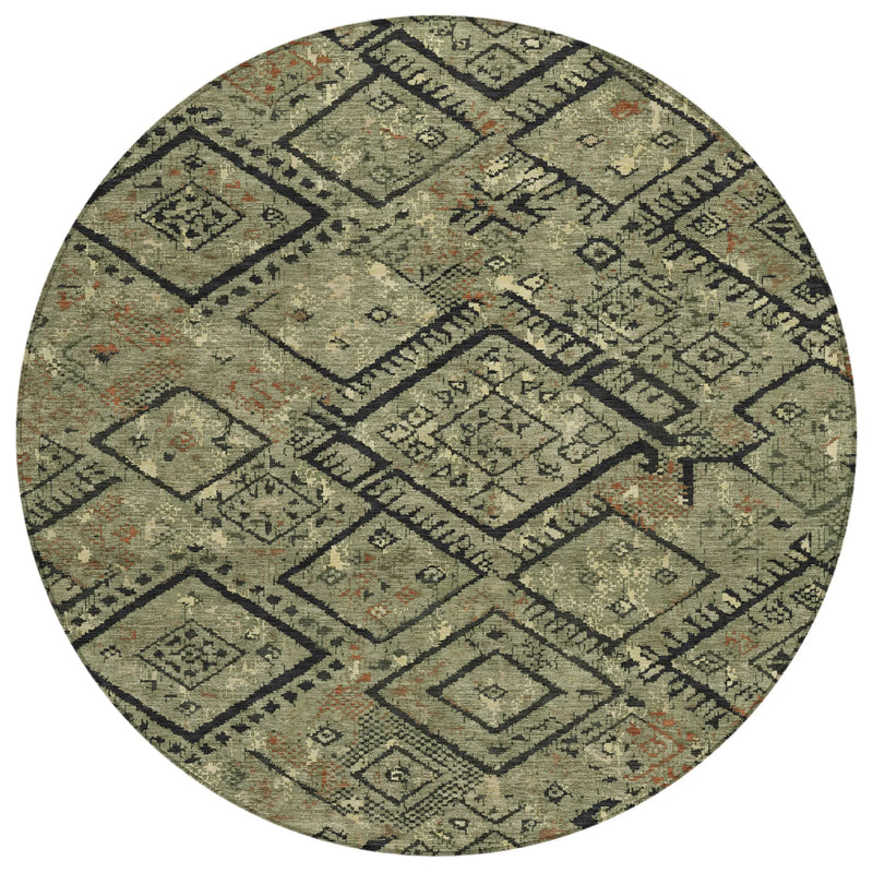 8' Olive Green And Green Round Geometric Washable Indoor Outdoor Area Rug Homeroots Outdoor