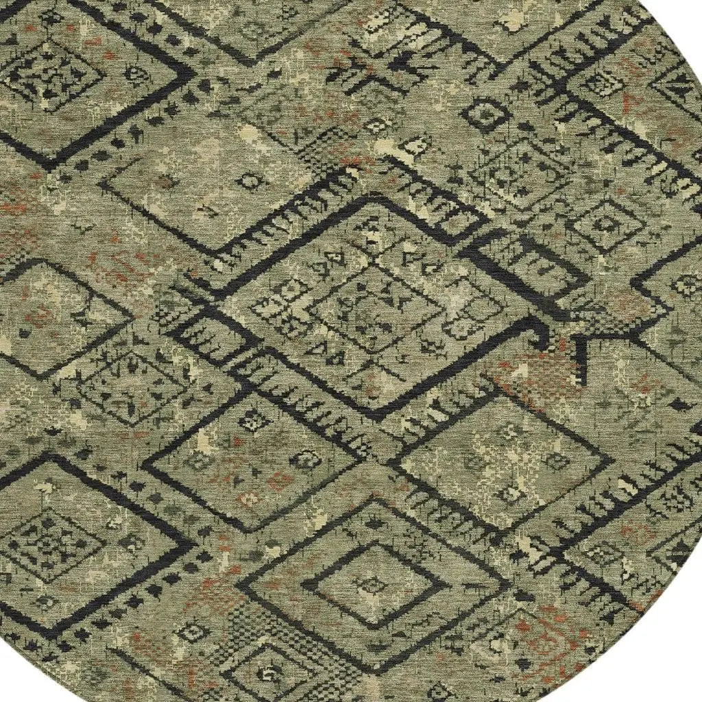 8' Olive Green And Green Round Geometric Washable Indoor Outdoor Area Rug Homeroots Outdoor