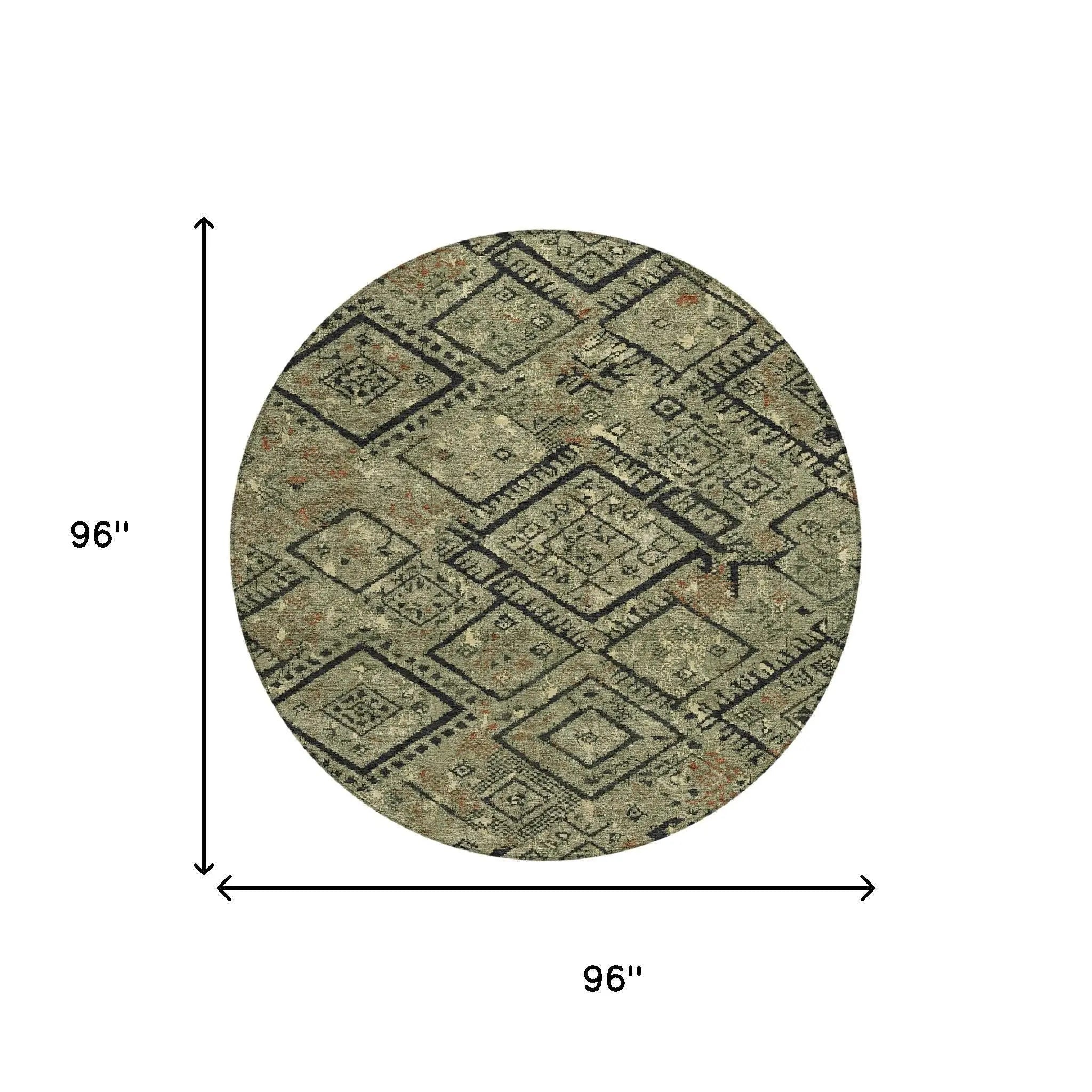 8' Olive Green And Green Round Geometric Washable Indoor Outdoor Area Rug Homeroots Outdoor