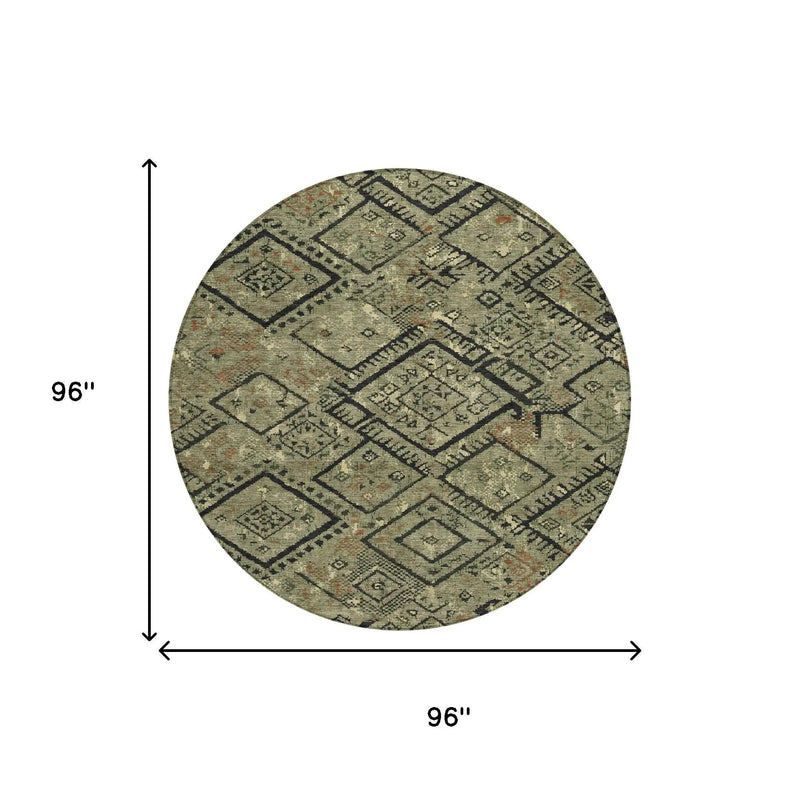 8' Olive Green And Green Round Geometric Washable Indoor Outdoor Area Rug Homeroots Outdoor
