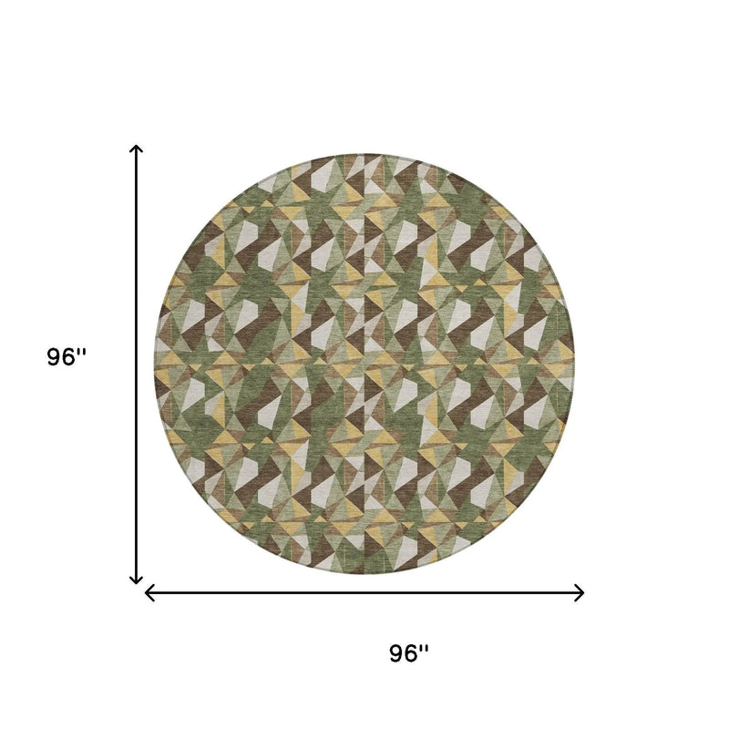 8' Olive Green And Green Round Geometric Washable Indoor Outdoor Area Rug Homeroots Outdoor