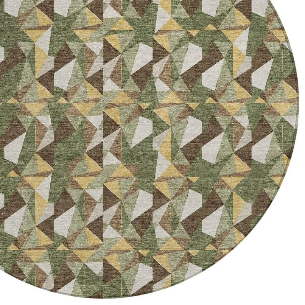 8' Olive Green And Green Round Geometric Washable Indoor Outdoor Area Rug Homeroots Outdoor
