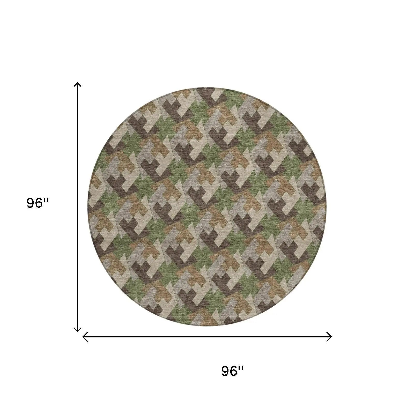 8' Olive Green And Green Round Geometric Washable Indoor Outdoor Area Rug Homeroots Outdoor