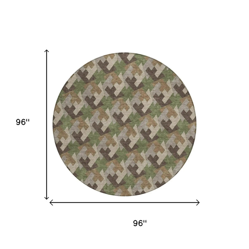 8' Olive Green And Green Round Geometric Washable Indoor Outdoor Area Rug Homeroots Outdoor