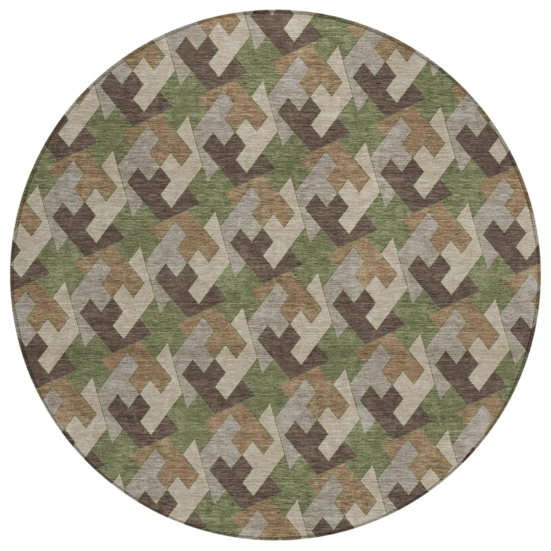 8' Olive Green And Green Round Geometric Washable Indoor Outdoor Area Rug Homeroots Outdoor
