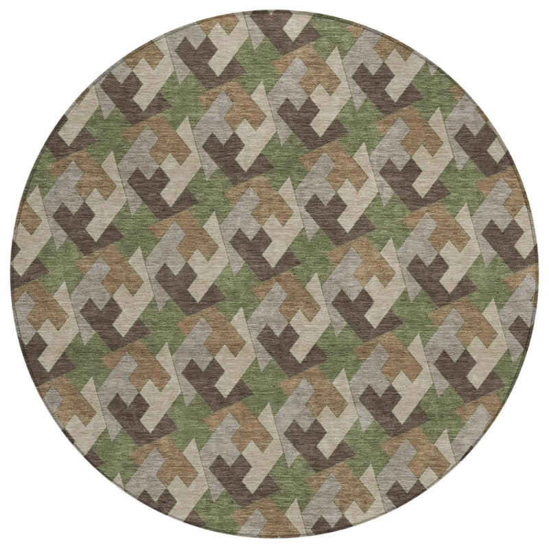 8' Olive Green And Green Round Geometric Washable Indoor Outdoor Area Rug Homeroots Outdoor