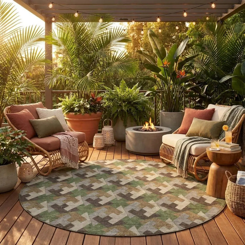 8' Olive Green And Green Round Geometric Washable Indoor Outdoor Area Rug Homeroots Outdoor