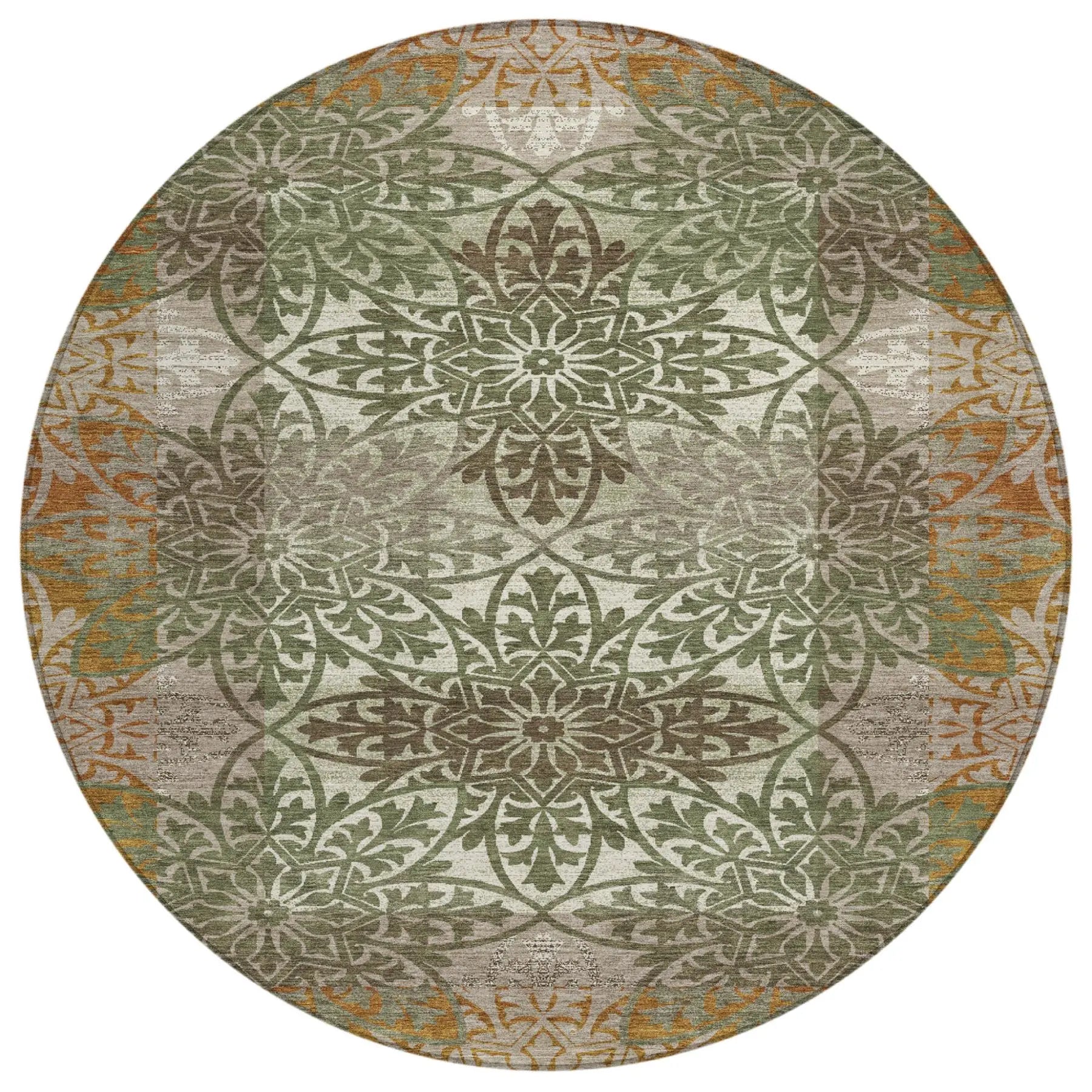 8' Olive Green And Green Round Oriental Washable Indoor Outdoor Area Rug Homeroots Outdoor
