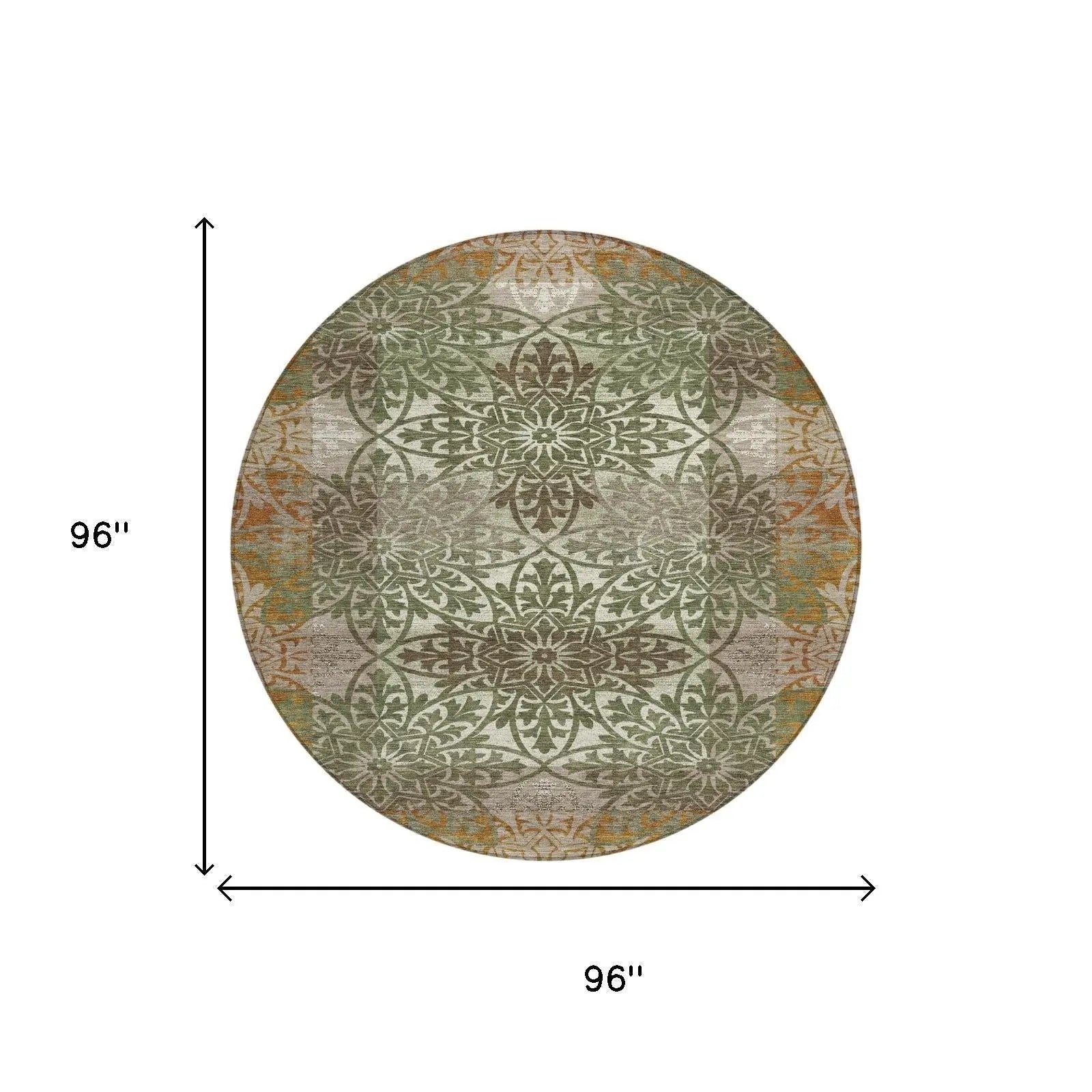 8' Olive Green And Green Round Oriental Washable Indoor Outdoor Area Rug Homeroots Outdoor