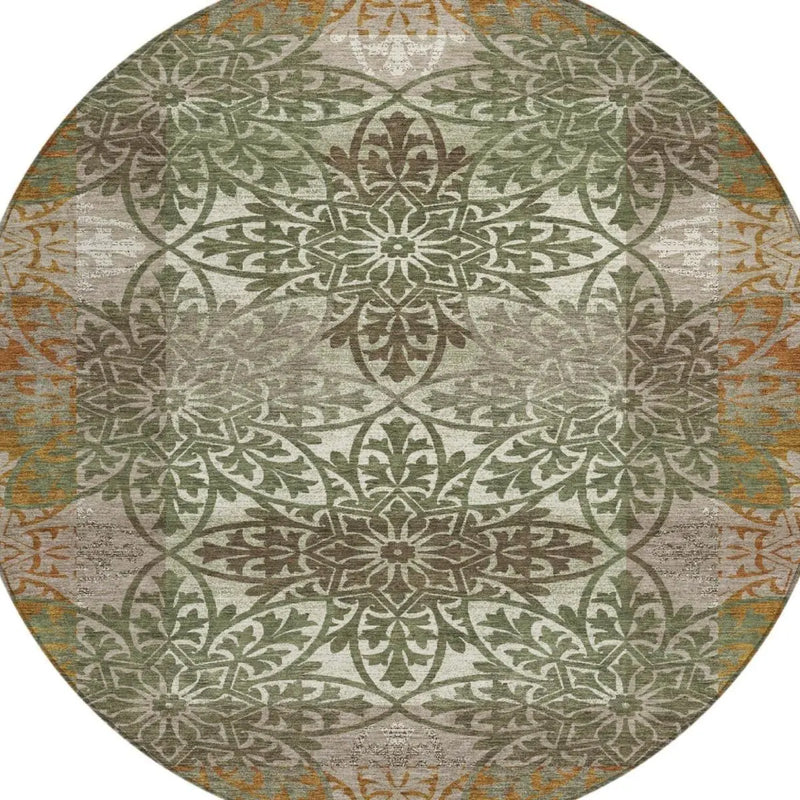 8' Olive Green And Green Round Oriental Washable Indoor Outdoor Area Rug Homeroots Outdoor