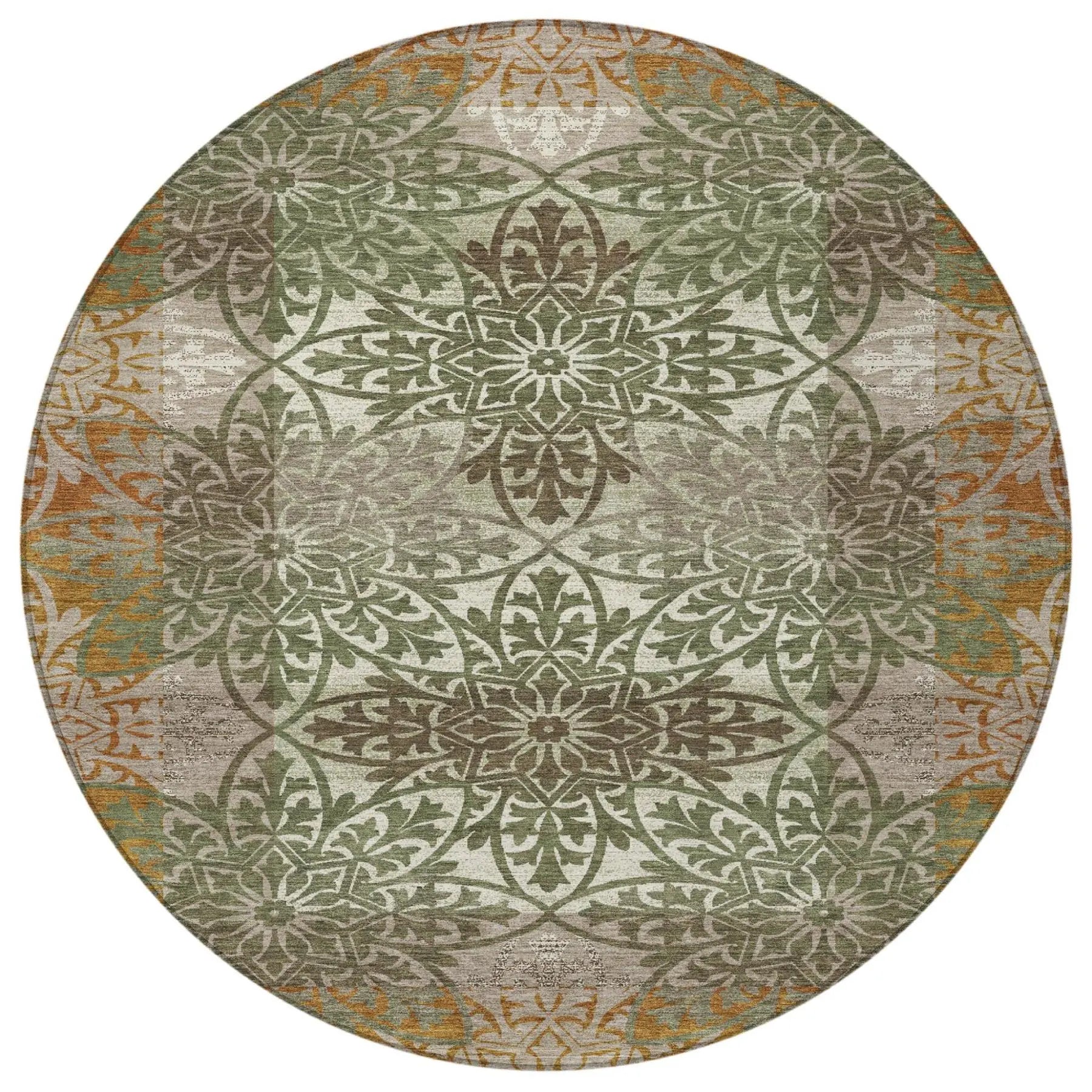 8' Olive Green And Green Round Oriental Washable Indoor Outdoor Area Rug Homeroots Outdoor