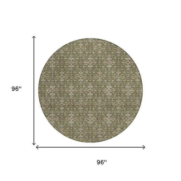 8' Olive Green And Green Round Oriental Washable Indoor Outdoor Area Rug Homeroots Outdoor