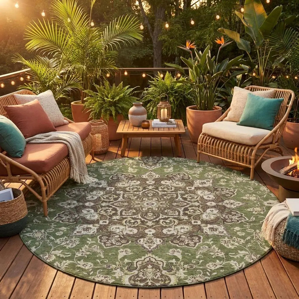8' Olive Green And Green Round Oriental Washable Indoor Outdoor Area Rug Homeroots Outdoor