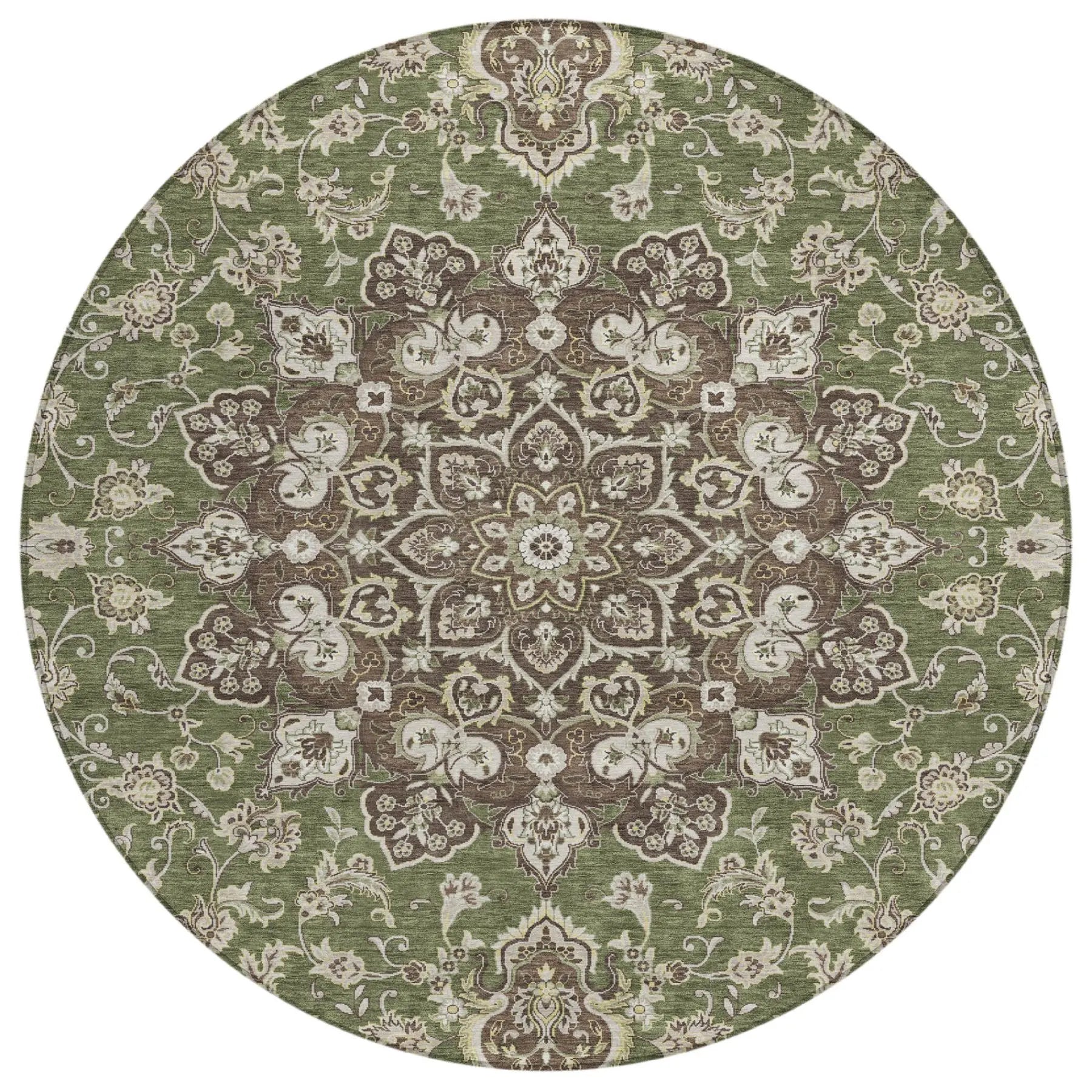 8' Olive Green And Green Round Oriental Washable Indoor Outdoor Area Rug Homeroots Outdoor