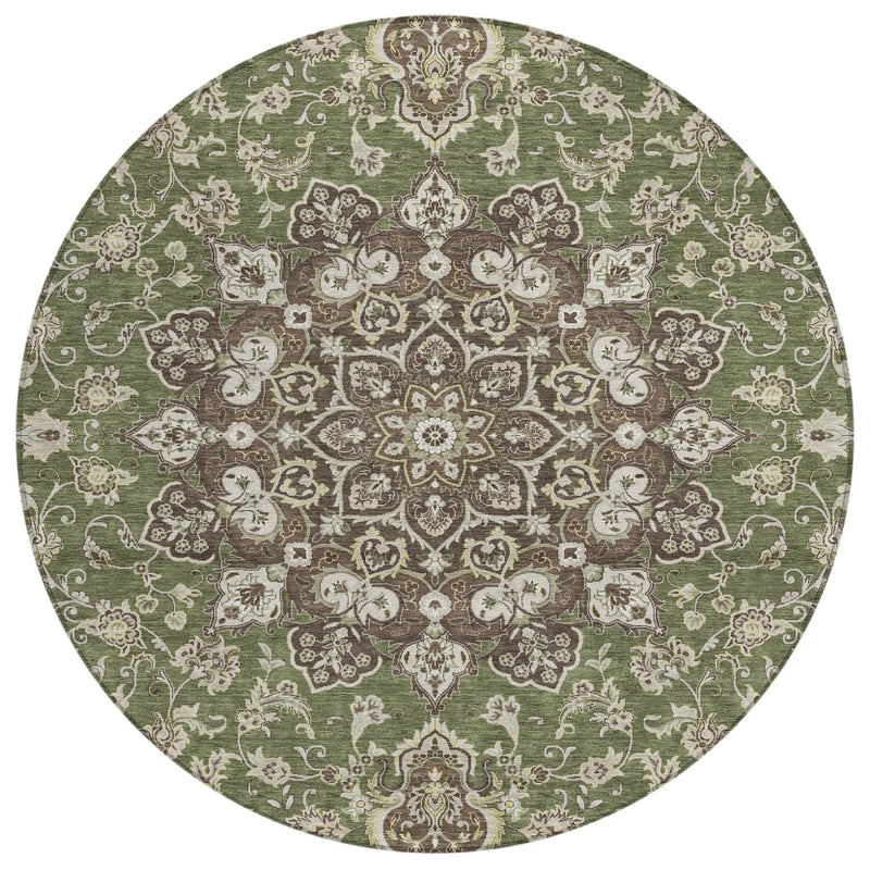 8' Olive Green And Green Round Oriental Washable Indoor Outdoor Area Rug Homeroots Outdoor