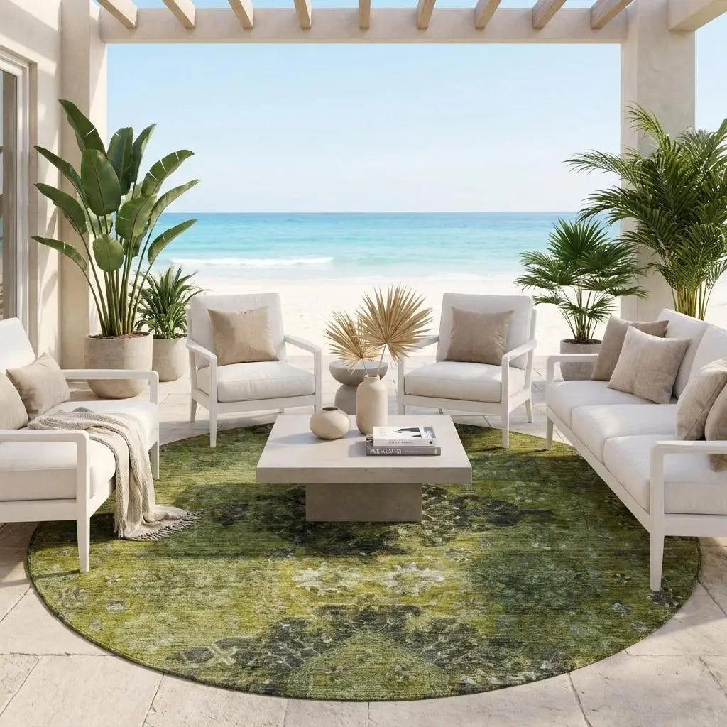 8' Olive Green And Green Round Oriental Washable Indoor Outdoor Area Rug Homeroots Outdoor