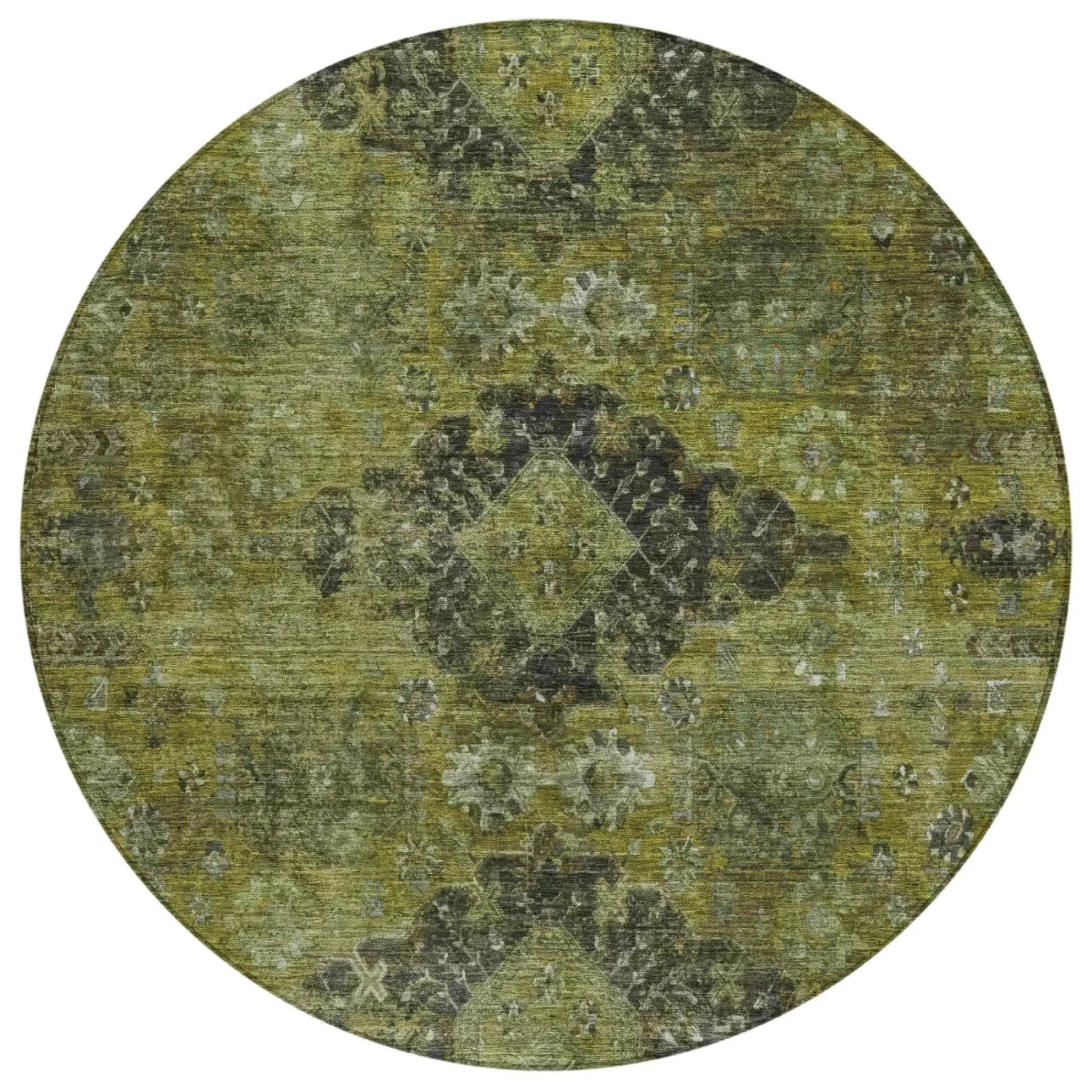 8' Olive Green And Green Round Oriental Washable Indoor Outdoor Area Rug Homeroots Outdoor