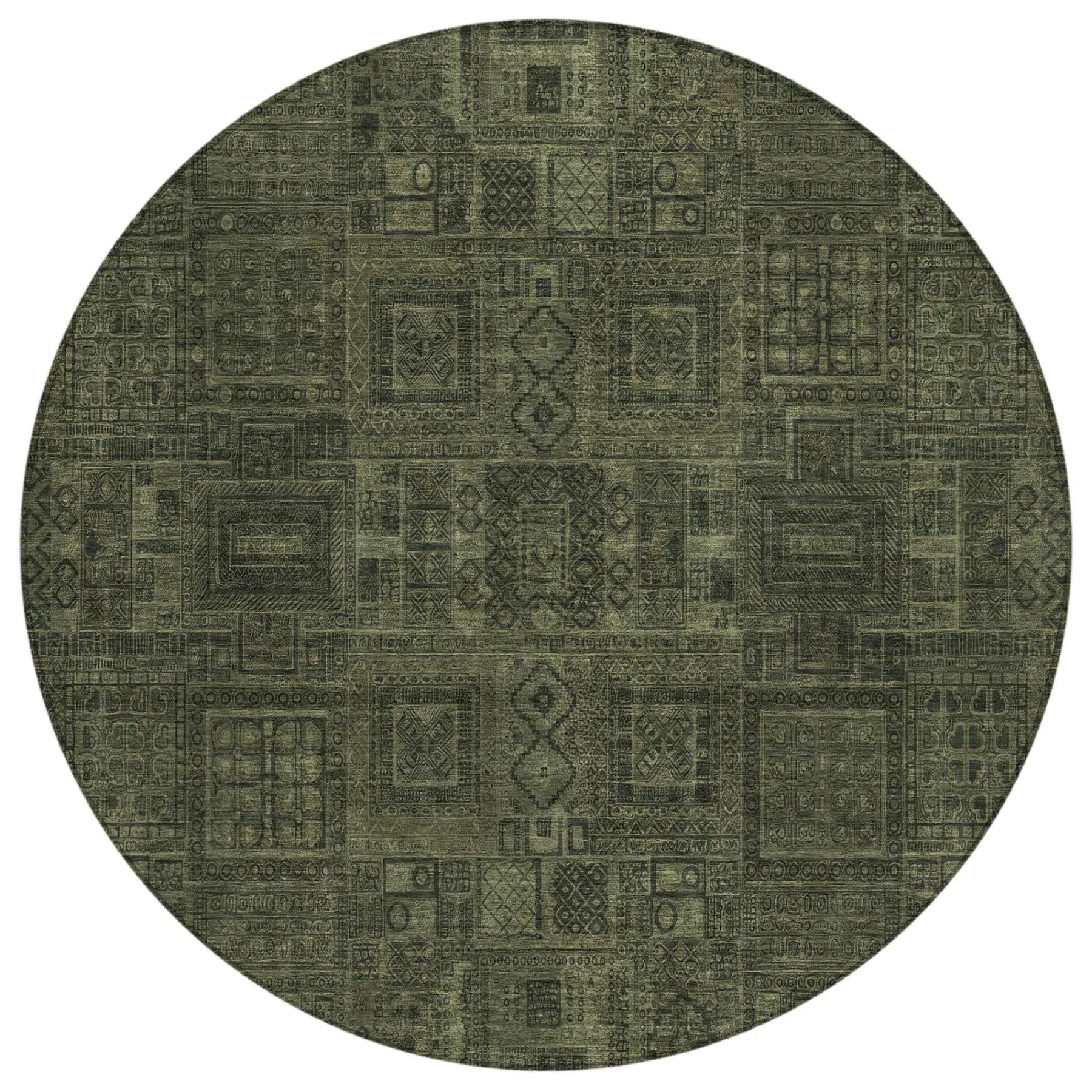 8' Olive Green And Green Round Oriental Washable Indoor Outdoor Area Rug Homeroots Outdoor