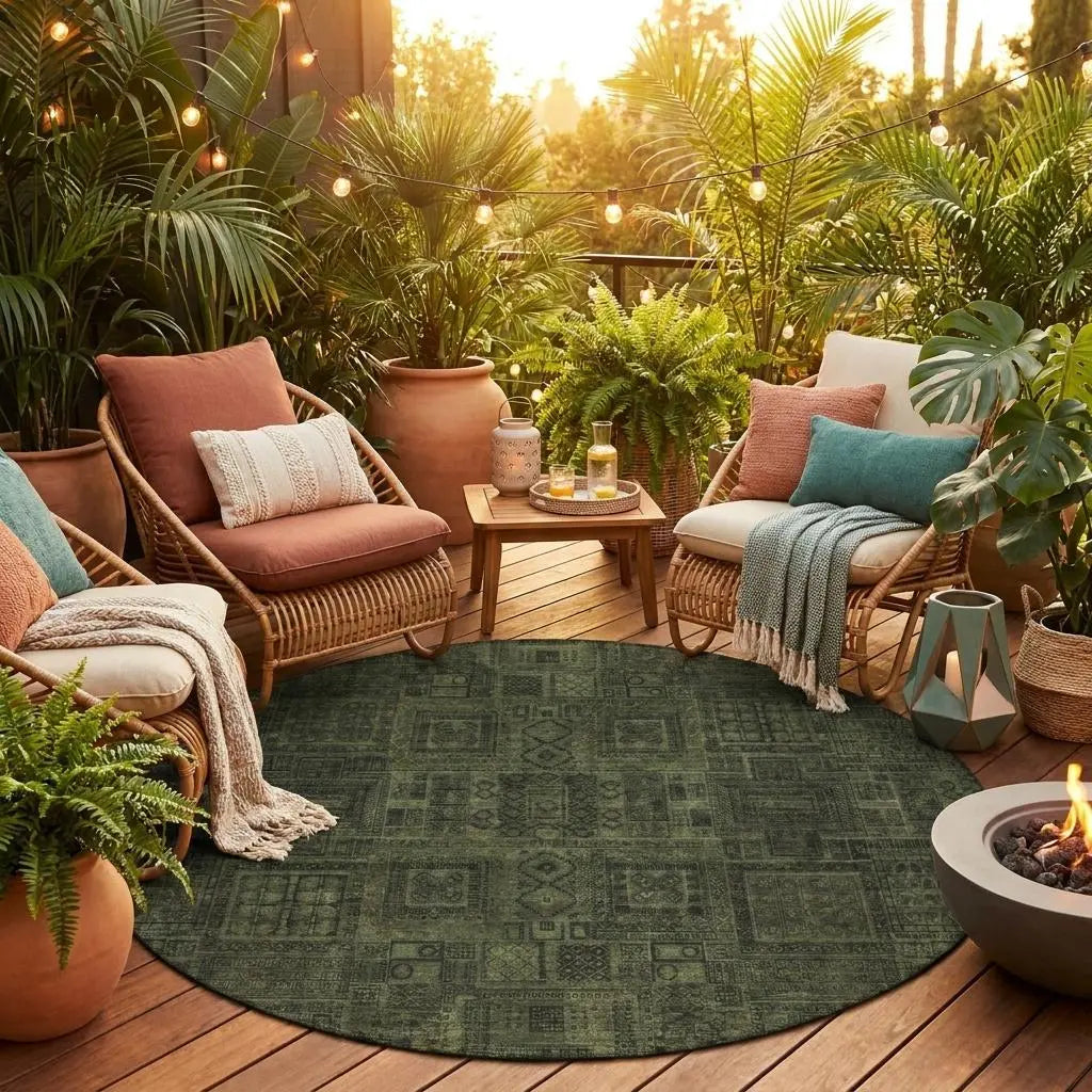 8' Olive Green And Green Round Oriental Washable Indoor Outdoor Area Rug Homeroots Outdoor