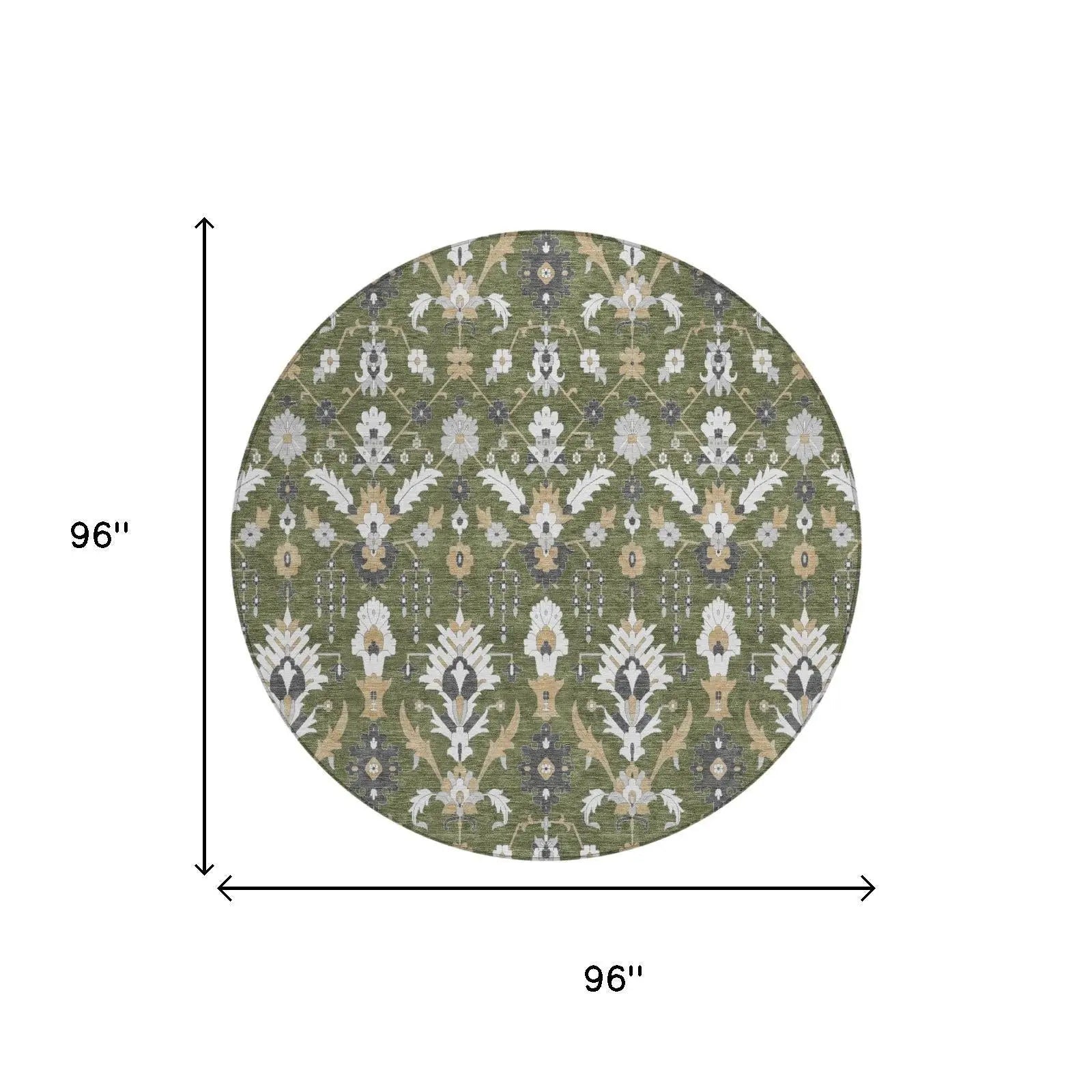 8' Olive Green And Green Round Oriental Washable Indoor Outdoor Area Rug Homeroots Outdoor