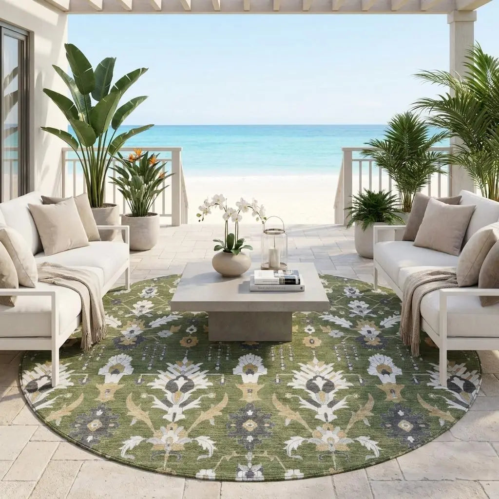 8' Olive Green And Green Round Oriental Washable Indoor Outdoor Area Rug Homeroots Outdoor