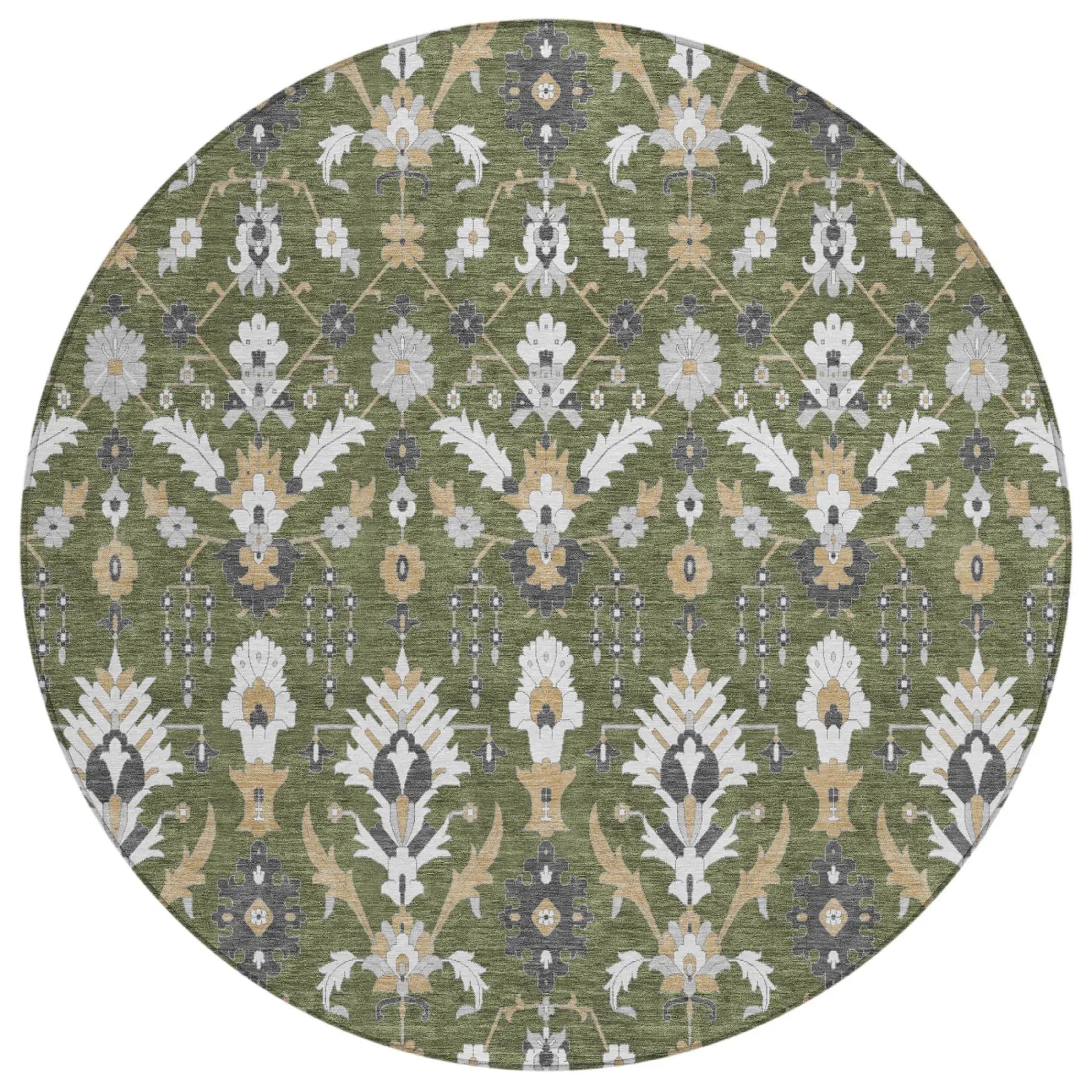 8' Olive Green And Green Round Oriental Washable Indoor Outdoor Area Rug Homeroots Outdoor