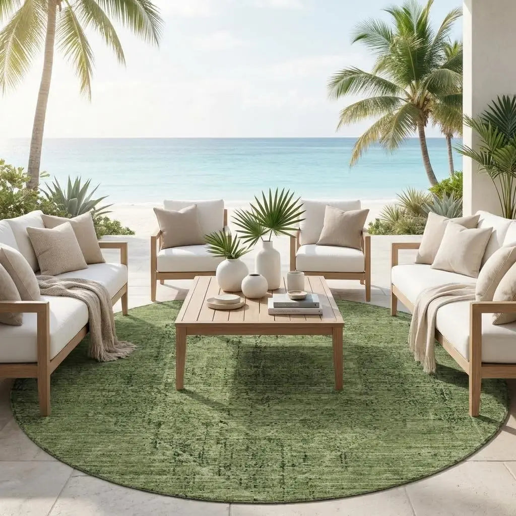 8' Olive Green And Green Round Oriental Washable Indoor Outdoor Area Rug Homeroots Outdoor
