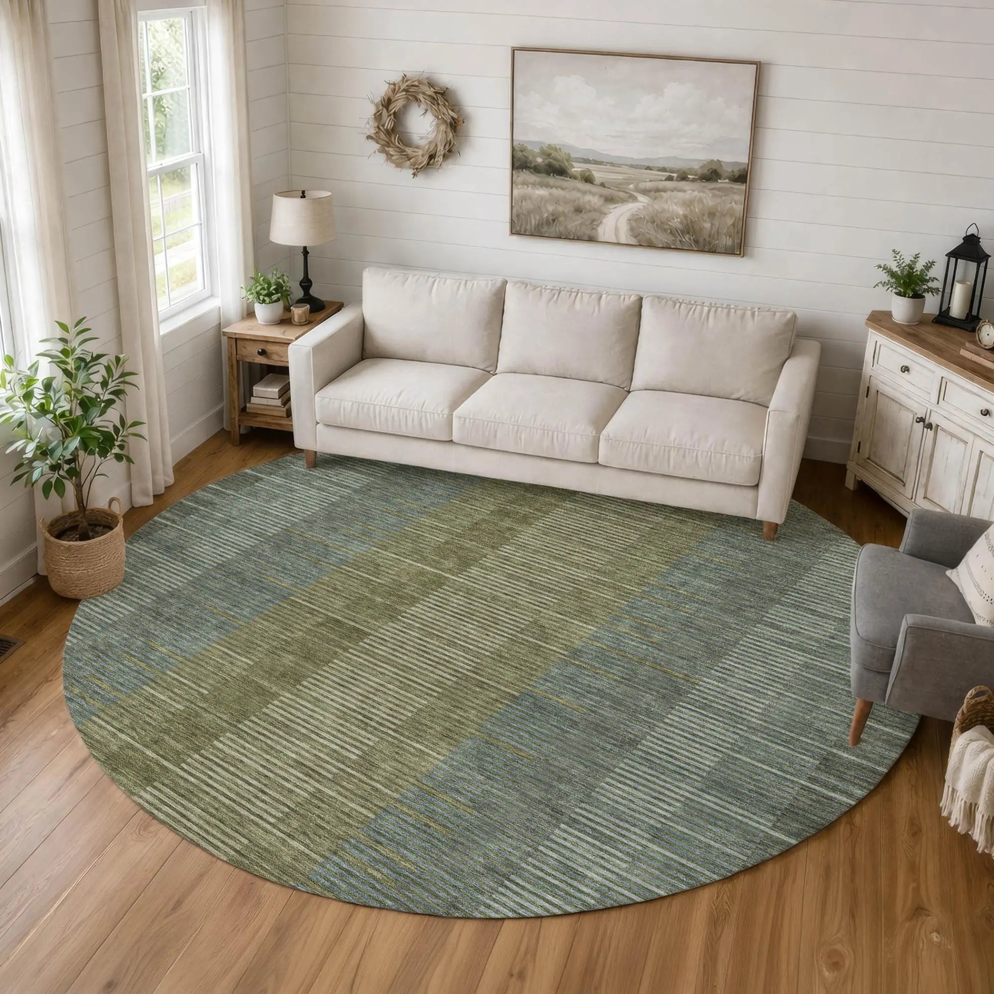 8' Olive Green And Green Round Striped Washable Indoor Outdoor Area Rug Homeroots Outdoor