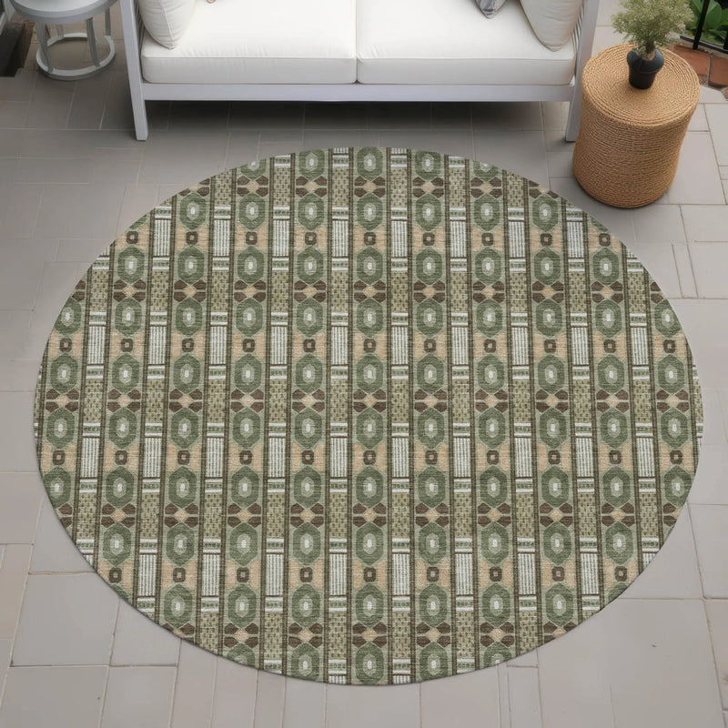 8' Olive Green And Green Round Striped Washable Indoor Outdoor Area Rug Homeroots Outdoor