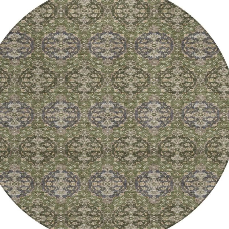 8' Olive Green And Green Round Striped Washable Indoor Outdoor Area Rug Homeroots Outdoor