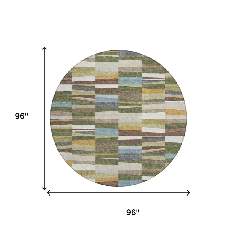 8' Olive Green And Green Round Striped Washable Indoor Outdoor Area Rug Homeroots Outdoor