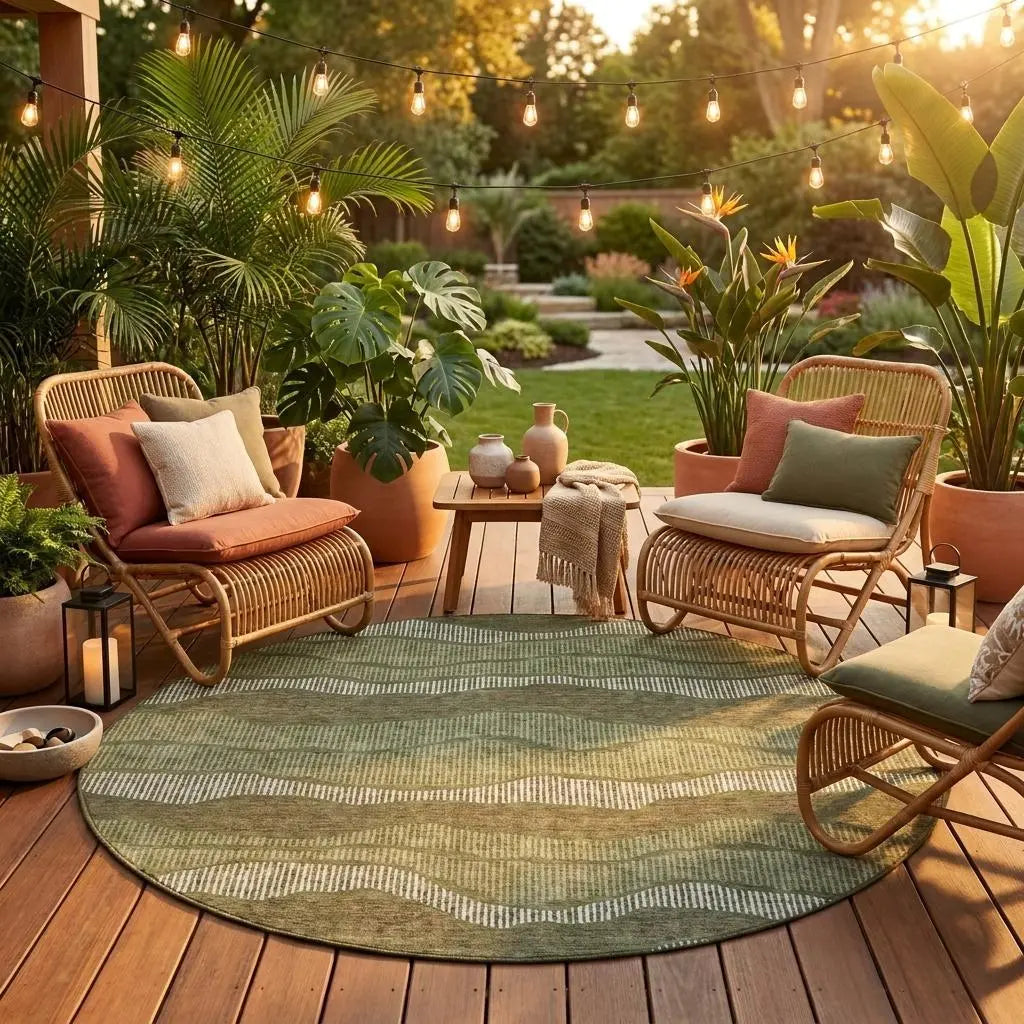 8' Olive Green And Green Round Striped Washable Indoor Outdoor Area Rug Homeroots Outdoor