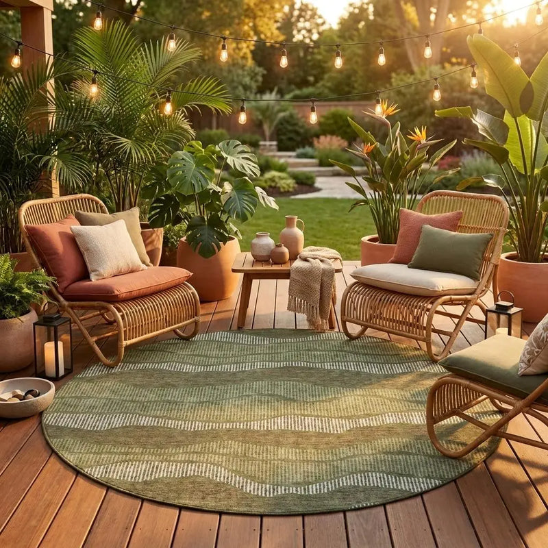 8' Olive Green And Green Round Striped Washable Indoor Outdoor Area Rug Homeroots Outdoor