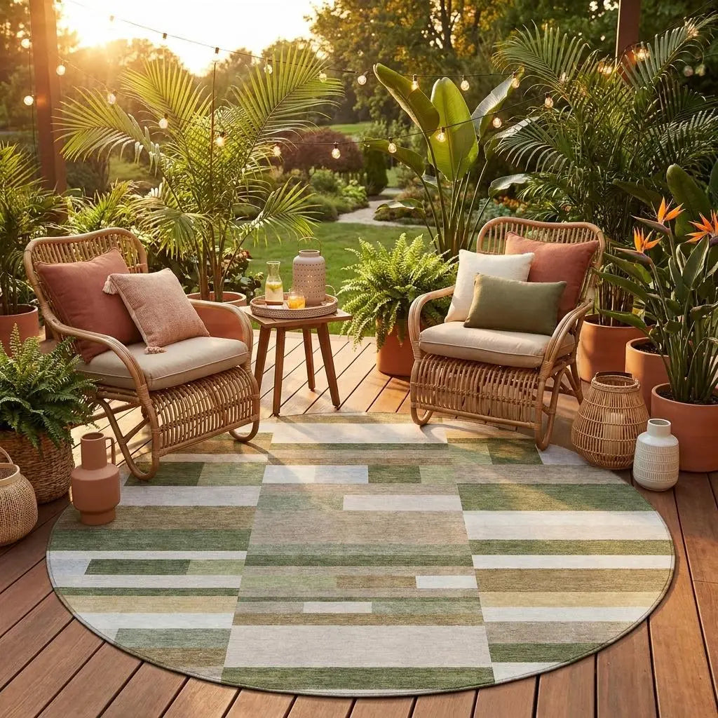8' Olive Green And Green Round Striped Washable Indoor Outdoor Area Rug Homeroots Outdoor