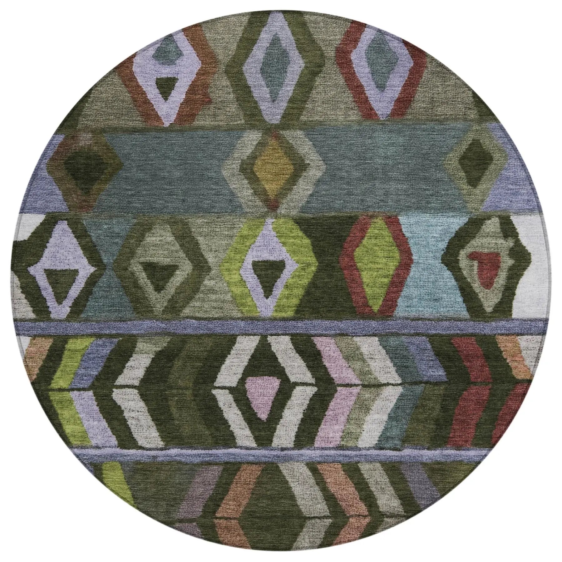 8' Olive Green And Green Round Tribal Washable Indoor Outdoor Area Rug Homeroots Outdoor
