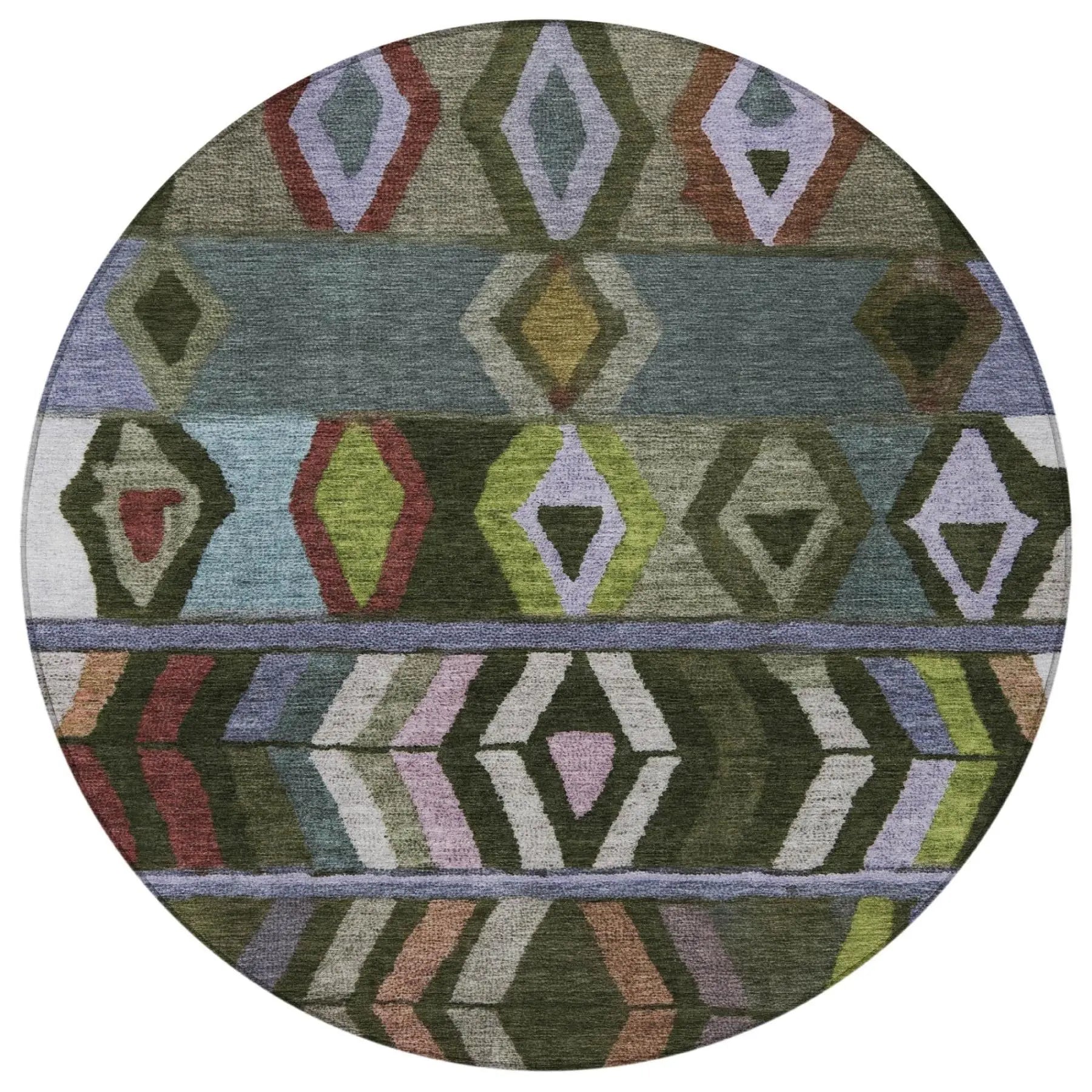 8' Olive Green And Green Round Tribal Washable Indoor Outdoor Area Rug Homeroots Outdoor