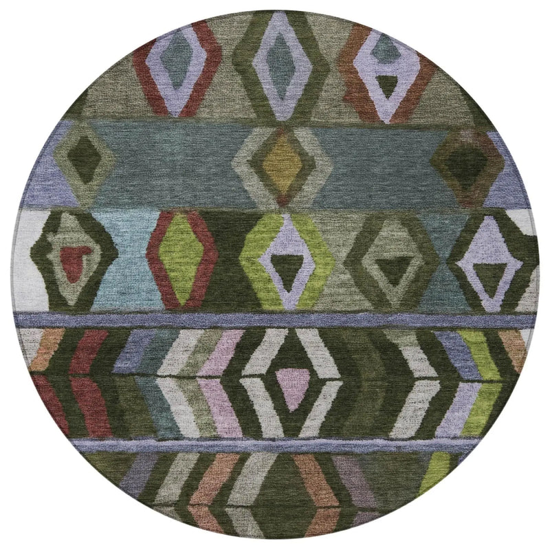 8' Olive Green And Green Round Tribal Washable Indoor Outdoor Area Rug Homeroots Outdoor