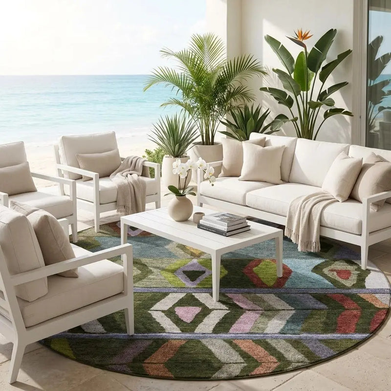 8' Olive Green And Green Round Tribal Washable Indoor Outdoor Area Rug Homeroots Outdoor