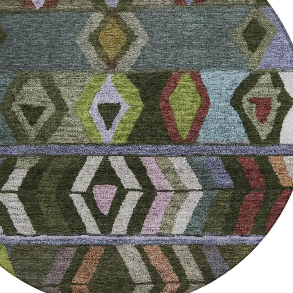 8' Olive Green And Green Round Tribal Washable Indoor Outdoor Area Rug Homeroots Outdoor