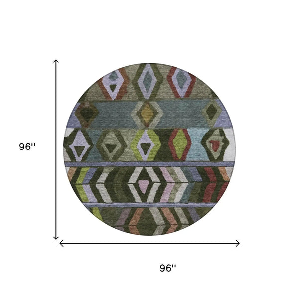 8' Olive Green And Green Round Tribal Washable Indoor Outdoor Area Rug Homeroots Outdoor