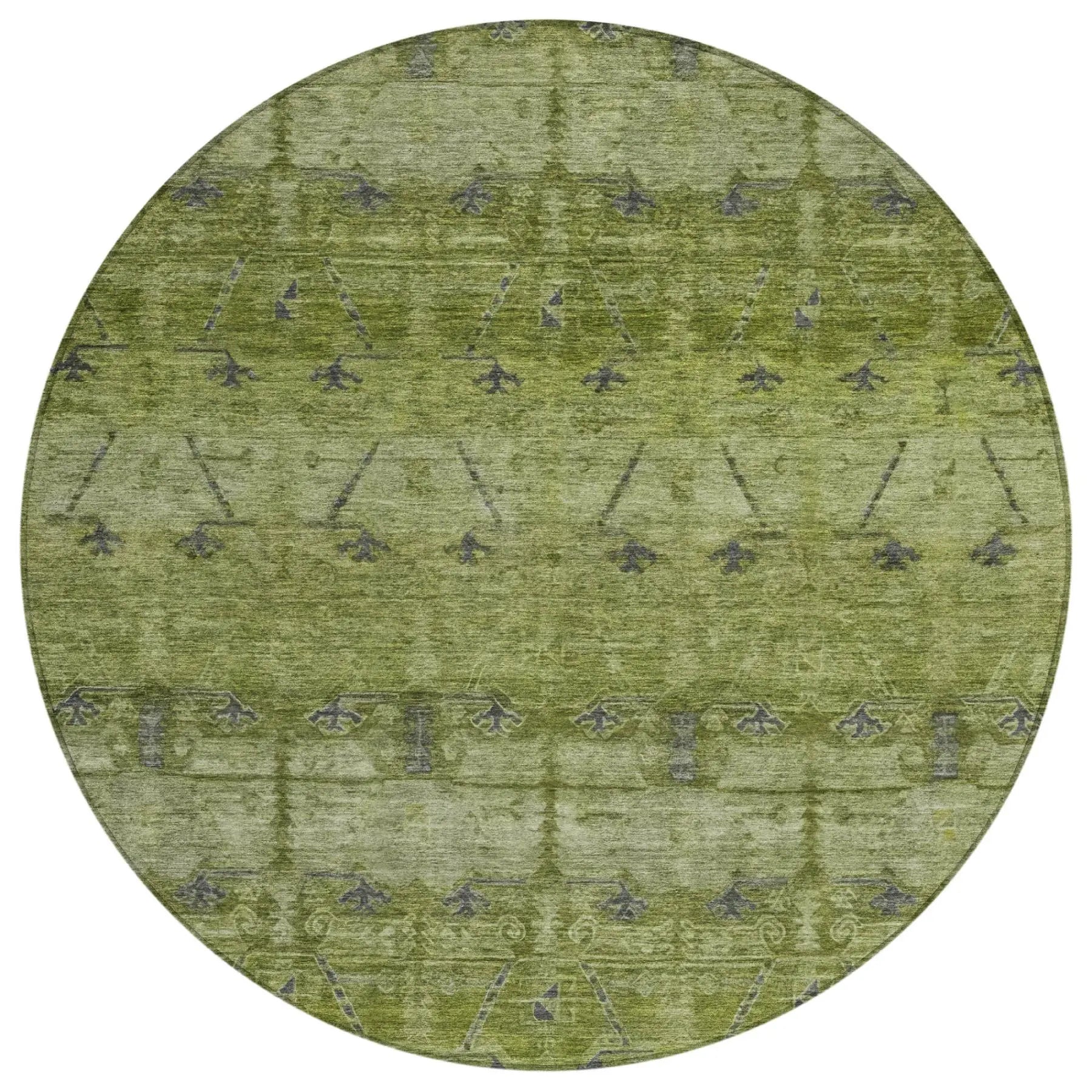 8' Olive Green And Green Round Tribal Washable Indoor Outdoor Area Rug Homeroots Outdoor