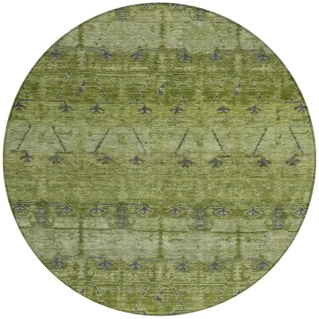 8' Olive Green And Green Round Tribal Washable Indoor Outdoor Area Rug Homeroots Outdoor