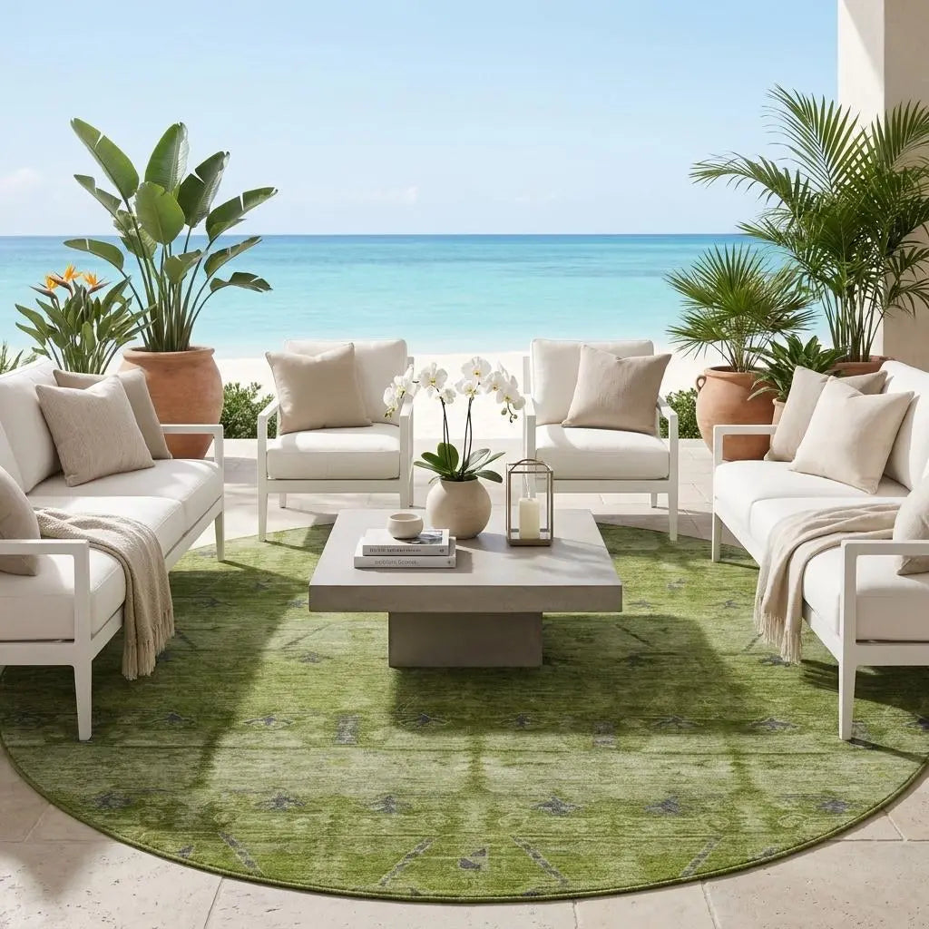 8' Olive Green And Green Round Tribal Washable Indoor Outdoor Area Rug Homeroots Outdoor