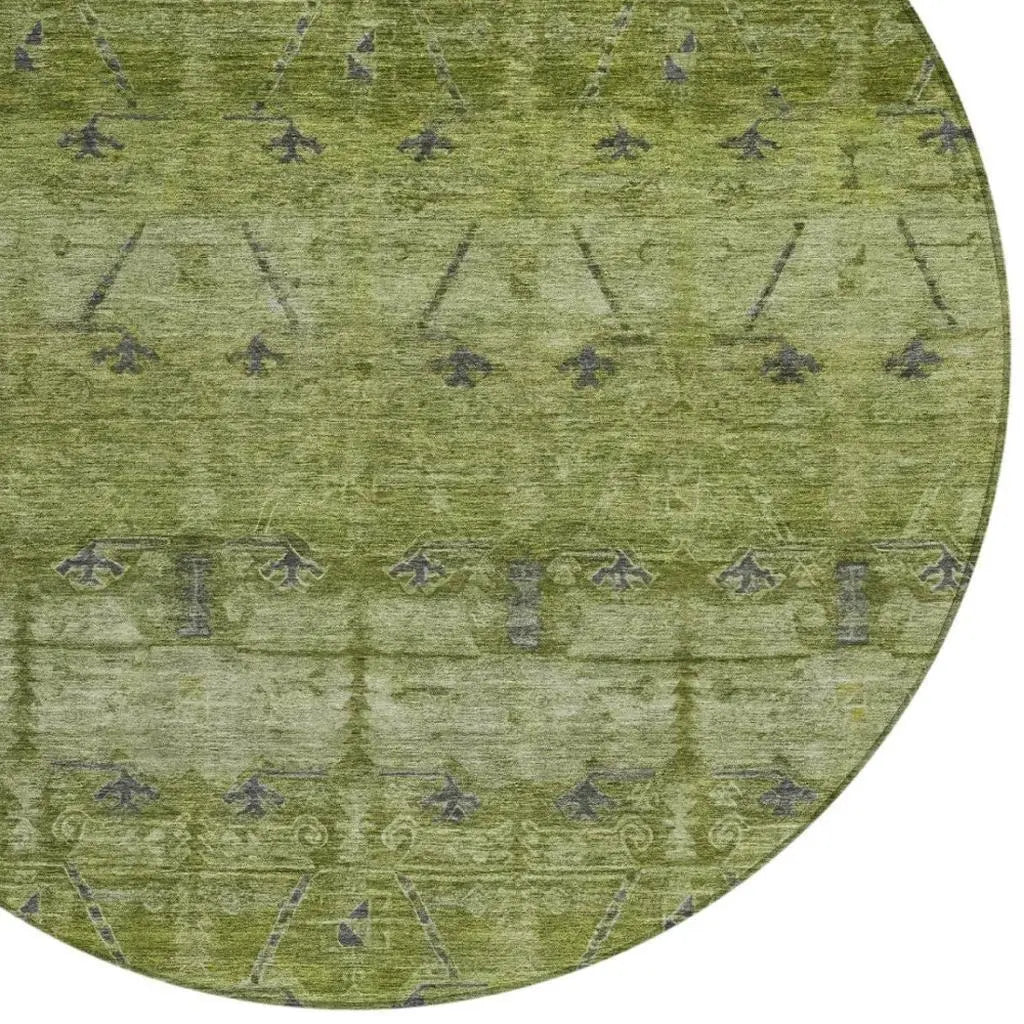 8' Olive Green And Green Round Tribal Washable Indoor Outdoor Area Rug Homeroots Outdoor