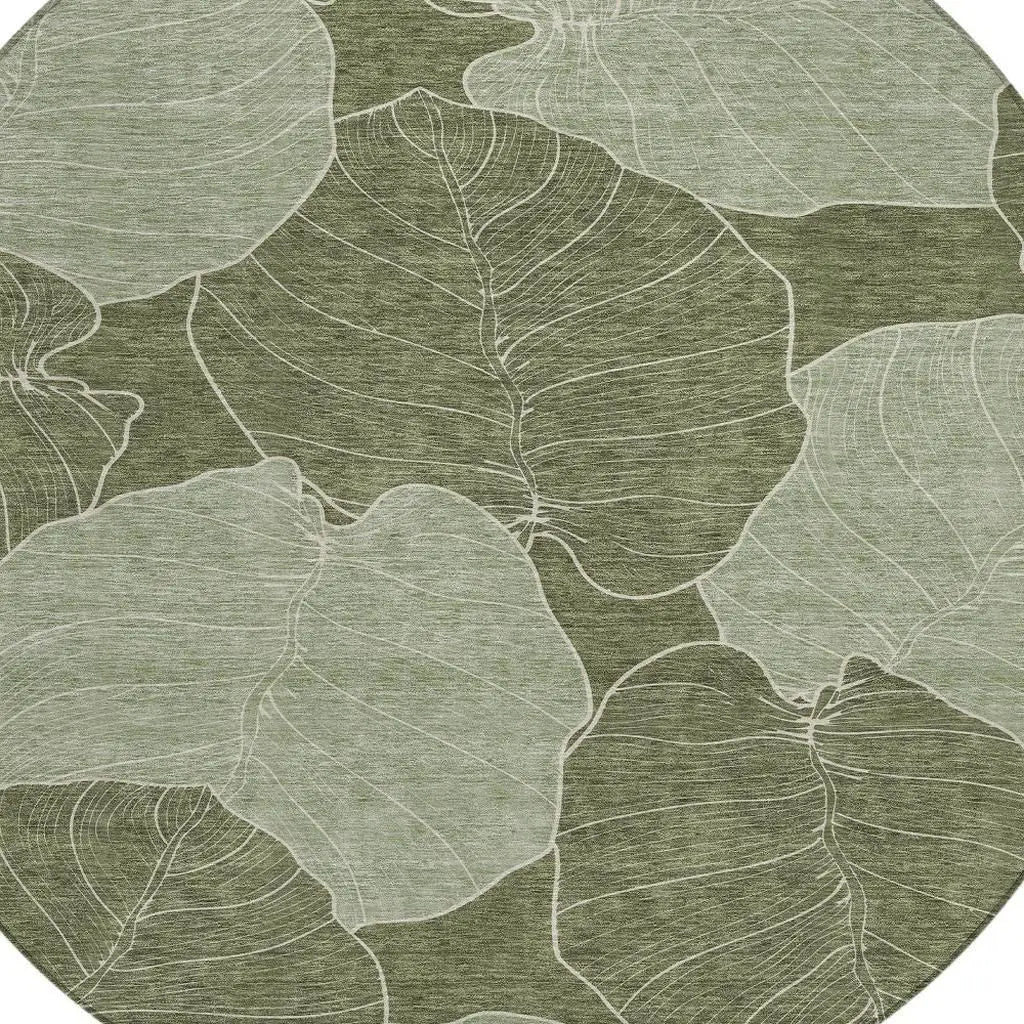 8' Olive Green And Ivory Round Floral Washable Indoor Outdoor Area Rug Homeroots Outdoor